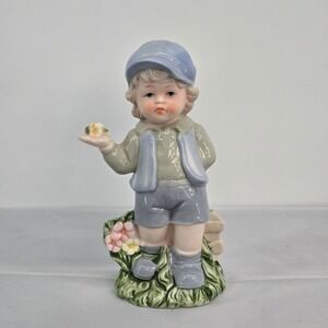 Cornerstone Creations 2001 Porcelain Boy Figurine Blue Cap Flowers Vintage Style